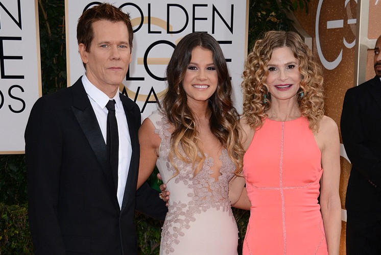 Kevin Bacon z żoną Kyrą Sedgwick i córką Sosie – tegoroczną Miss Złotych Globów