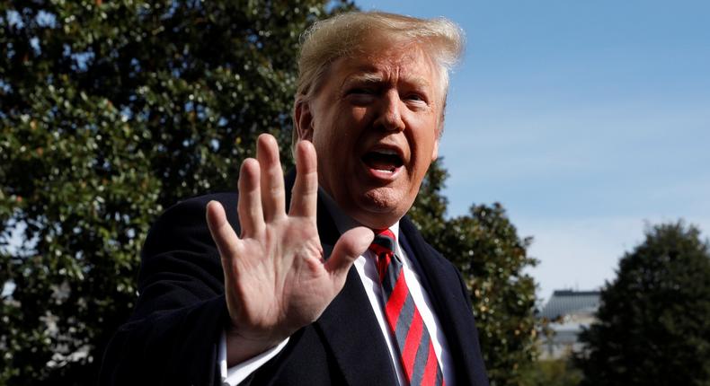 U.S. President Donald Trump speaks to the media on the South Lawn of the White House in Washington, U.S., before his departure to Alabama and New York, November 9, 2019. REUTERS/Yuri Gripas