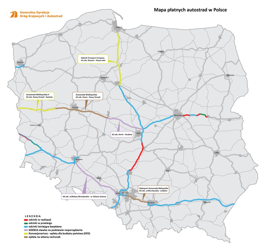 Mapa autostrad w Polsce z wyszczególnieniem płatnych odcinków