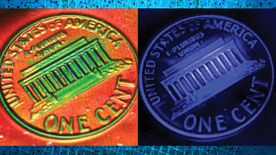 Jednocentówka odciśnięta w nowatorskim materiale z MIT. Tam, gdzie nacisk jest większy zmienia on kolor na zielony (po lewej). Siłę nacisku widać też na zdjęciu z prawej strony