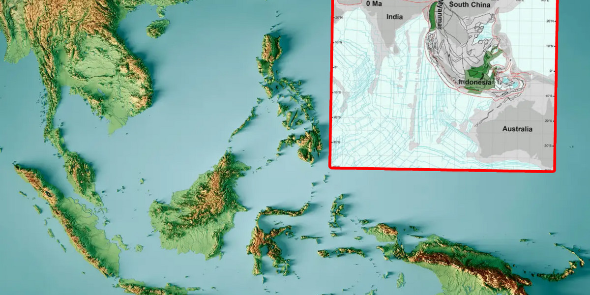Mapa topograficzna Azji Południowo-Wschodniej. Naukowcy uważają, że to właśnie tutaj wylądował Argoland, dawno zaginiony fragment kontynentu.