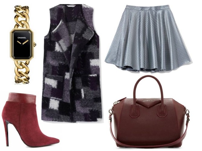 Torba Givenchy, spódnica i kamizelka Olga Jahr, buty Badura, zegarek Chanel