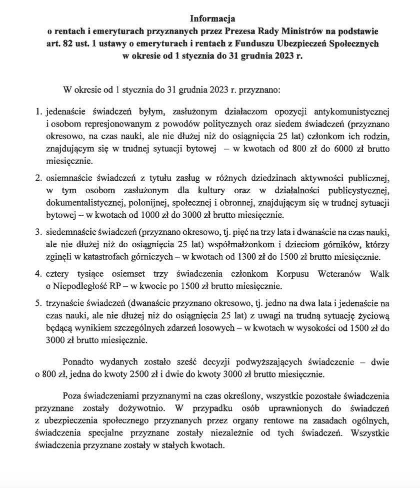 Oto dokładny wykaz, dotyczący liczby przyznanych rent specjalnych.