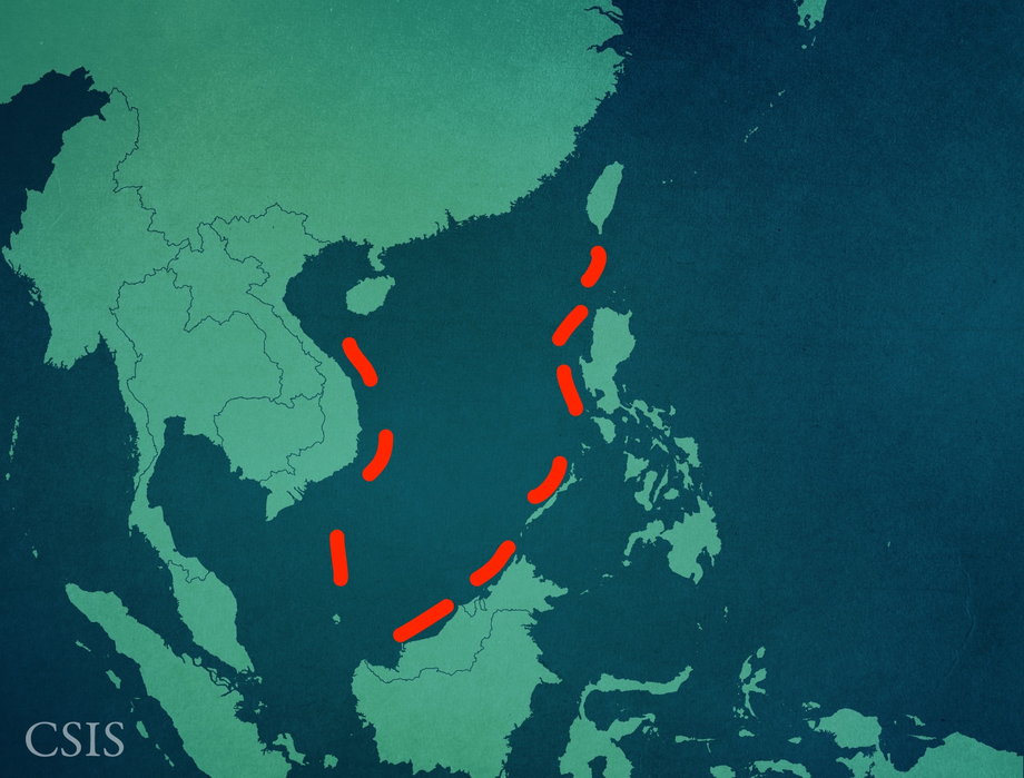 A map that depicts China's claim of ownership in the South China Sea.