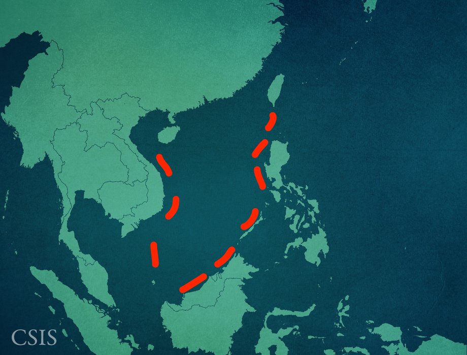 A map that depicts China's claim of ownership in the South China Sea.