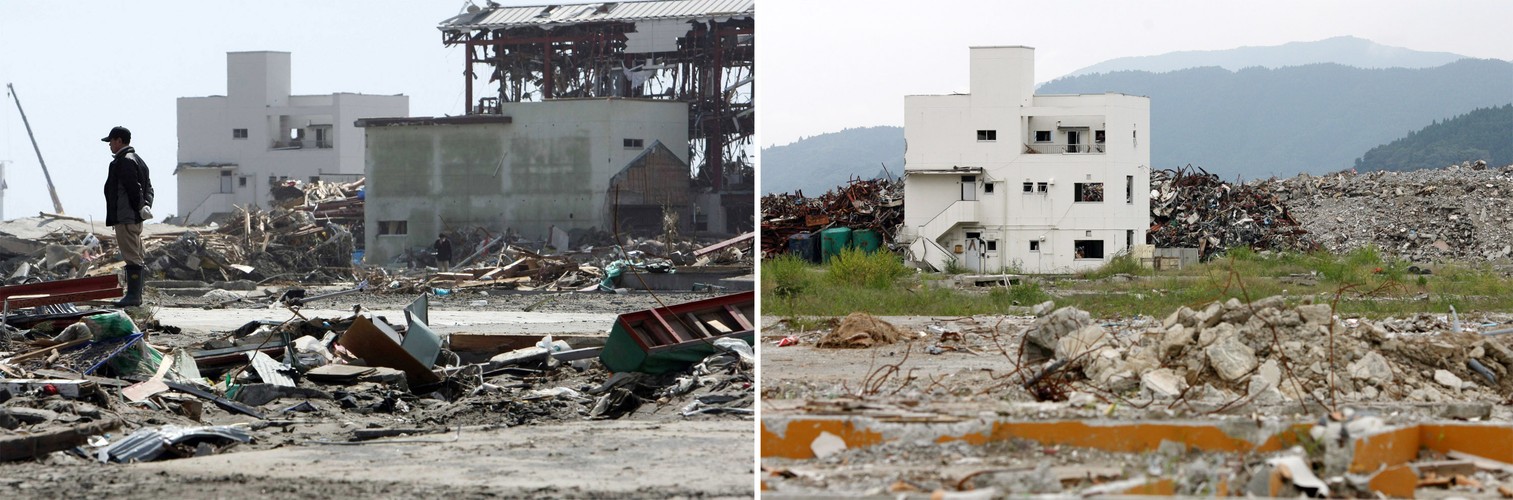 Kombinacja zdjęć. Po lewej stronie, mężczyzna stoi przed budynkami uszkodzonymi 11 marca 2011 roku w wyniku trzęsienia ziemi i tsunami w mieście Rikuzentakata w Japonii. Zdjęcie z 24 marca 2011 roku. Po prawej stronie, to samo miejsce fotografowane 10 września 2011.