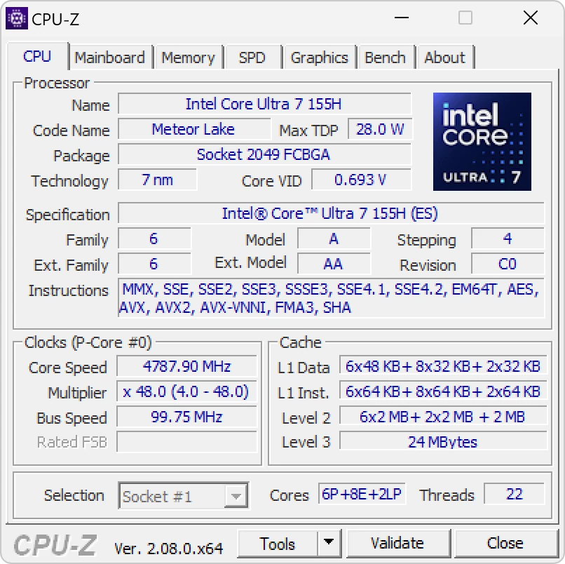 CPU-Z – specyfikacja procesora Intel Core Ultra 7 155H