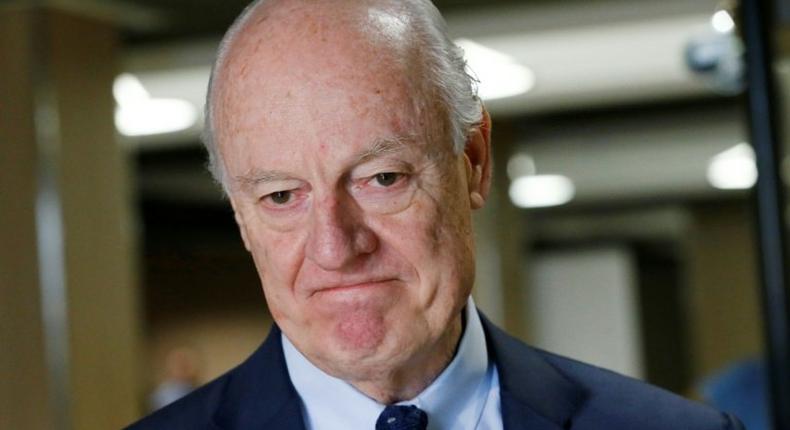 United Nations Special Envoy of the Secretary-General for Syria Staffan de Mistura arrives for a round of negotiation with the HNC during the Intra Syria talks at the European headquarters of the UN in Geneva, on March 24, 2017