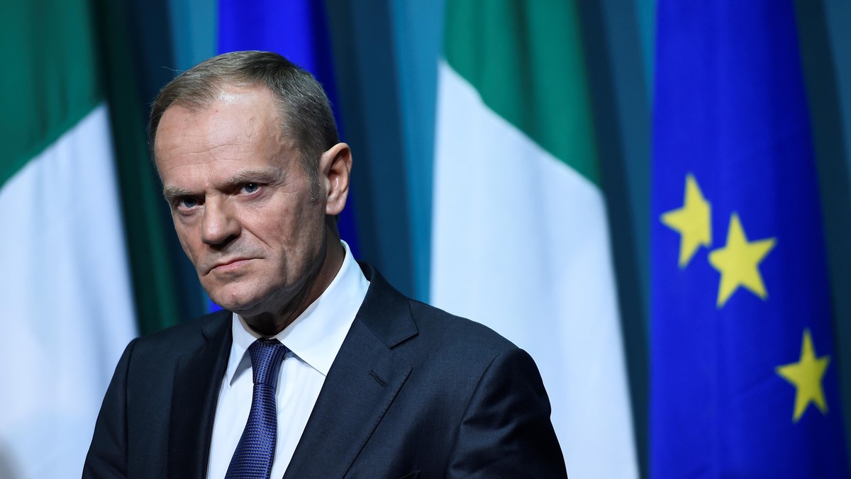 President of the European Council Donald Tusk arrives at a press conference at Government buildings 