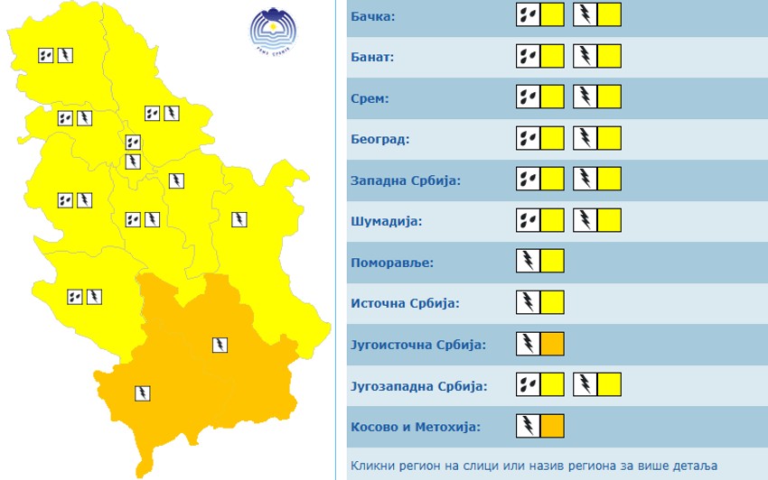 Žuti meteoalarm danas u Srbiji
