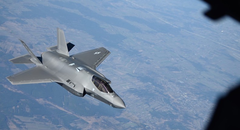 A US Air Force F-35 after refueling from a KC-10 tanker over Poland, February 24, 2022.