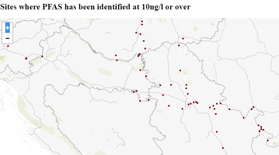 Mapa "Gardijana" pokazuje 29 mikrolokacija u Srbiji (crvene tačke) gde su iz vode uzorkovane toksične PFAS čestice