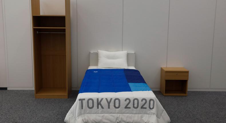 A bed in Olympic Village in Tokyo.
