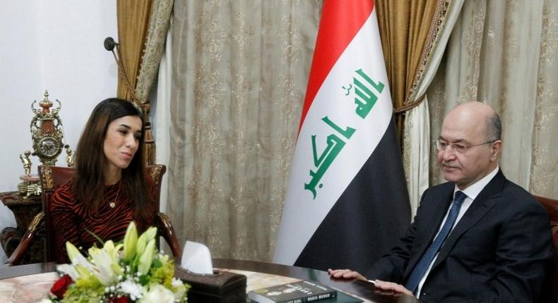 Iraqi President Barham Saleh meets with Iraqi Nobel laureate Nadia Murad in Baghdad on December 12, 2018