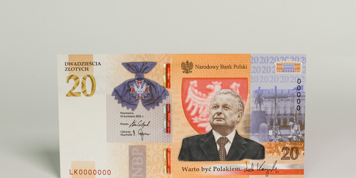 Przednia strona banknotu kolekcjonerskiego z wizerunkiem Lecha Kaczyńskiego