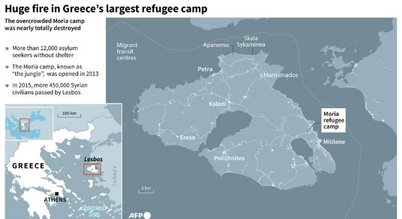 Map of the island of Lesbos, locating the the Moria refugee camp, the largest in Greece, which was destroyeed by fire Wednesday morning.
