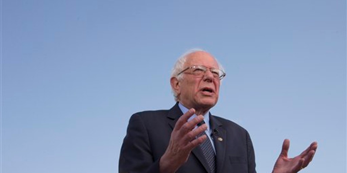 US presidential candidate Bernie Sanders talks as he meets reporters at the Vatican Saturday, April 16, 2016. Democratic presidential candidate Bernie Sanders says in an interview with The Associated Press that he met with Pope Francis. Sanders says the meeting took place Saturday morning before the pope left for his one-day visit to Greece. He says he was honored by the meeting, and that he told the pope he appreciated the message that he is sending the world about the need to inject morality and justice into the world economy. (AP Photo/Alessandra Tarantino)