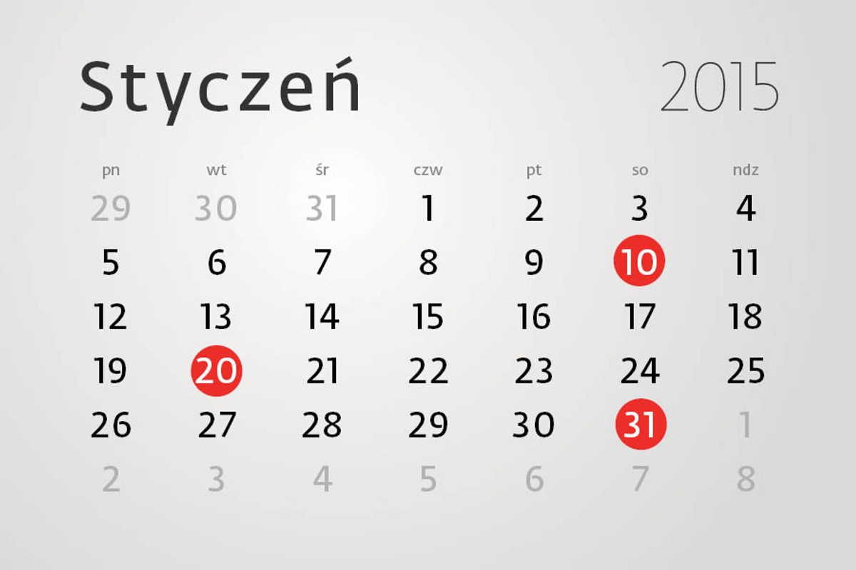 10 stycznia - ostateczny termin na złożenie przez pracownika do pracodawcy PIT-12 20 stycznia-termin na złożenie do PFRON deklaracji DEK-R za 2014 rok przez pracodawców zobowiązanych do wpłat na PFRON, zatrudniających w 2014 roku co najmniej 25 pracowników niepełnosprawnych; ci, którzy byli z tych wpłat zwolnieni, sporządzają i przekazują informację roczną INF-2 31 stycznia - termin na złożenie informacji ZUS IWA