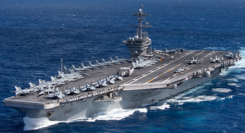 The aircraft carrier USS Theodore Roosevelt (CVN 71) transits the Pacific Ocean Jan. 25, 2020. The Theodore Roosevelt Carrier Strike Group is on a scheduled deployment to the Indo-Pacific.