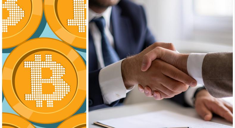 An illustration of bitcoin, left, and a stock image of two men shaking after signing a rental agreement.Getty Images