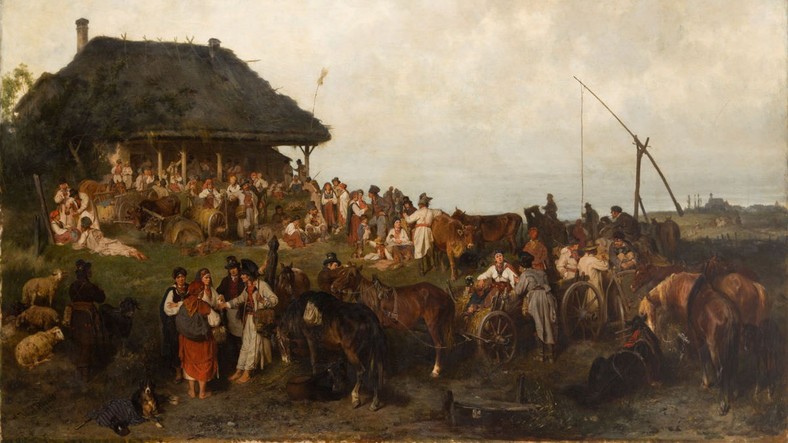 Agricultores que regresan del mercado frente a la posada de Tresvica.  Pintura del siglo XIX por Joseph Brand