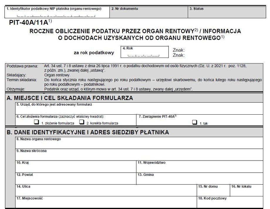 Formularz PIT-40A/11A