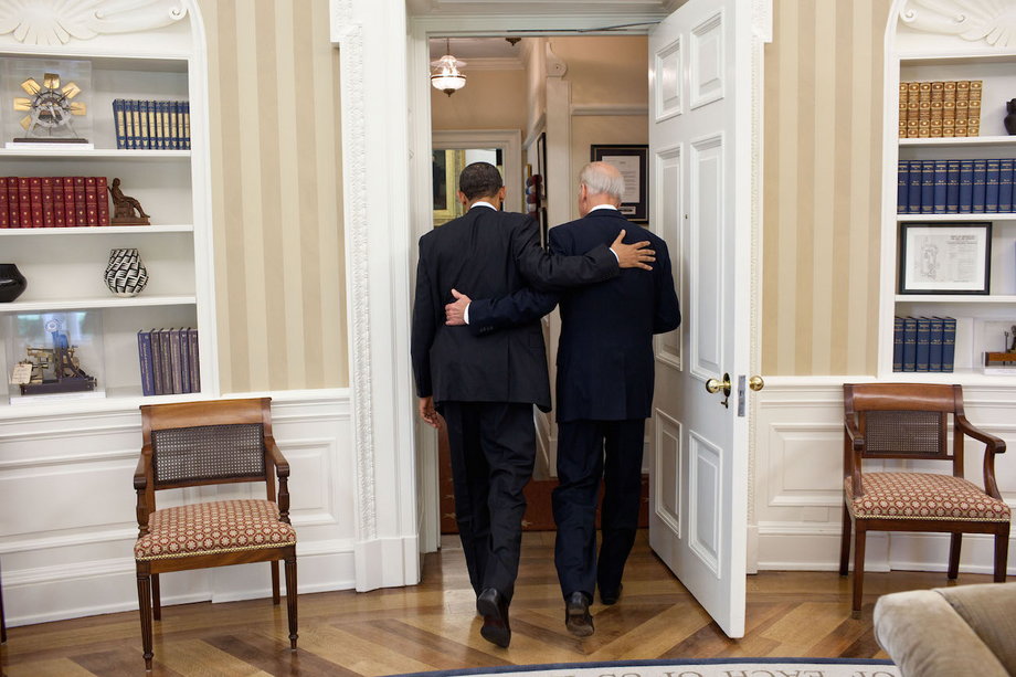 Obama and Biden head towards the Oval Office Private Dining Room for lunch, May 4, 2011.