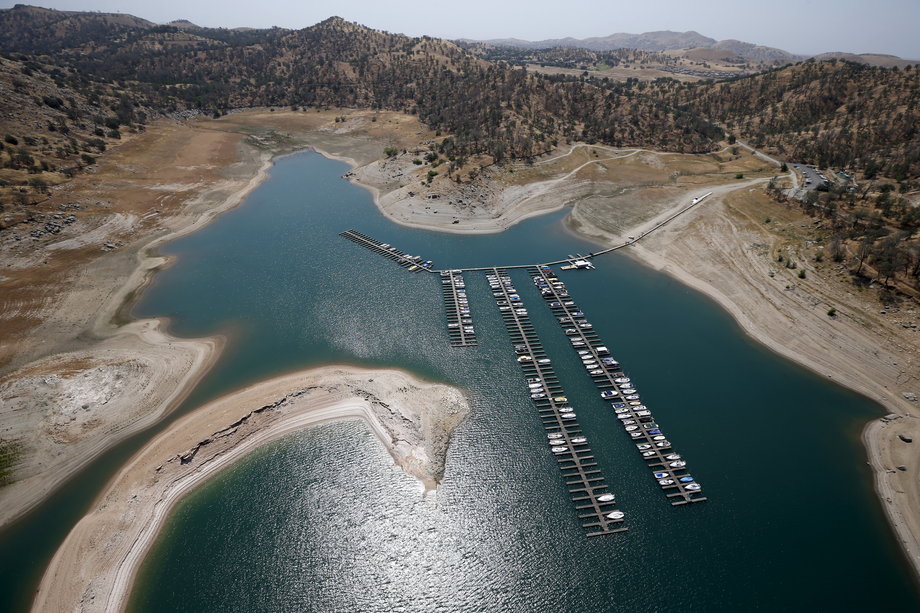 Reservoir banks that were once underwater at Millerton Lake on the San Joaquin River in Friant, a town just north of Fresno in California's Central Valley.