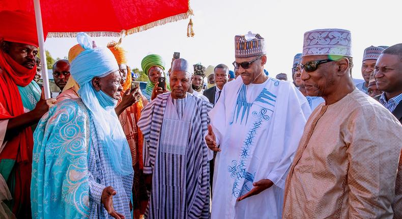 President Muhammadu Buhari, Guinean President Alpha Conde, Governor of Katsina state, Aminu Masari and Emir of Daura, Umar-Farouq during the 2019 Sallah celebrations [Twitter/@BashirAhmaad]