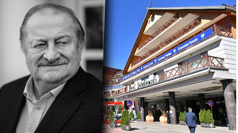 Tadeusz Gołębiewski i wejście do hotelu Gołębiewski w Karpaczu