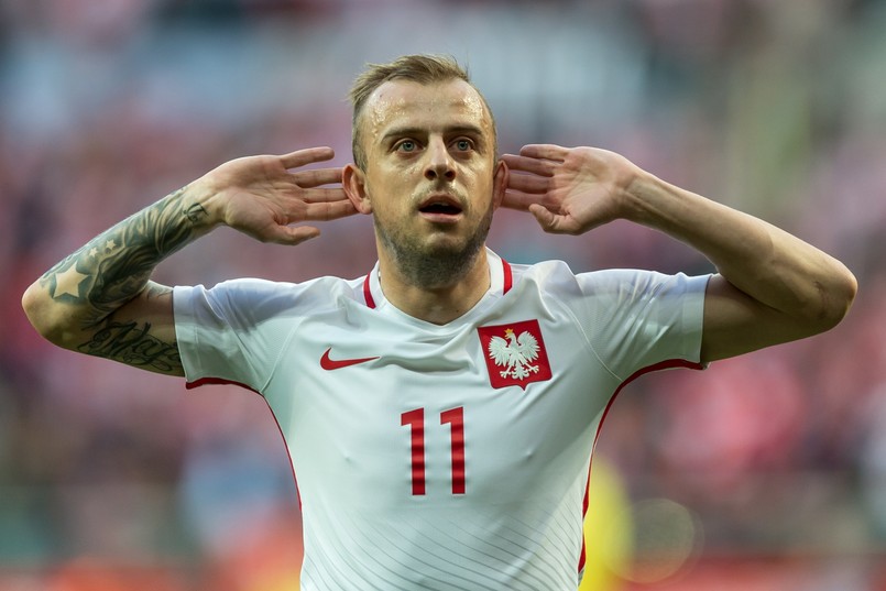 Kamil Grosicki cieszy się ze strzelonej bramki podczas towarzyskiego meczu Polska - Finlandia, 26 bm. we Wrocławiu