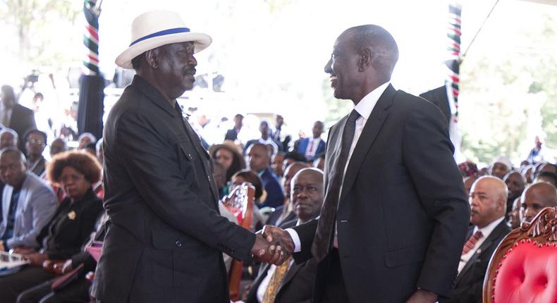 Heartwarming moment as Ruto receives Raila in first public meeting after elections