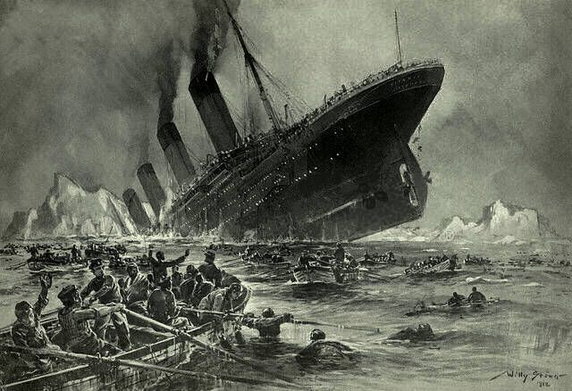 Rycina przedstawiająca zatonięcie statku (aut. Willy Stöwer, domena publiczna).
