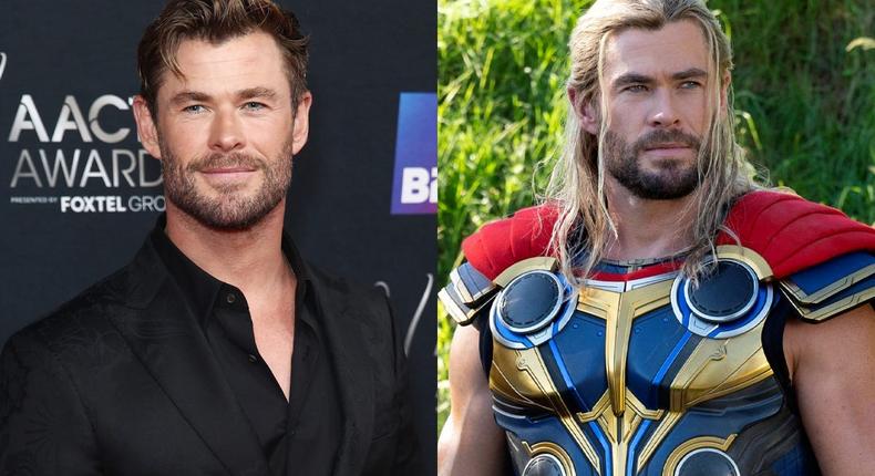 Chris Hemsworth at the the 2022 AACTA Awards and as Thor in Thor: Love and Thunder.Don Arnold/WireImage/Marvel Studios/Disney