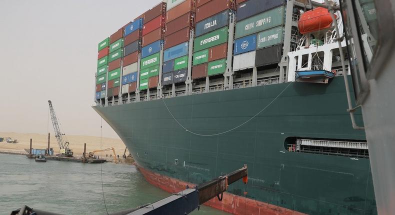 The ship Ever Given trapped in the Suez Canal in Egypt on Thursday.
