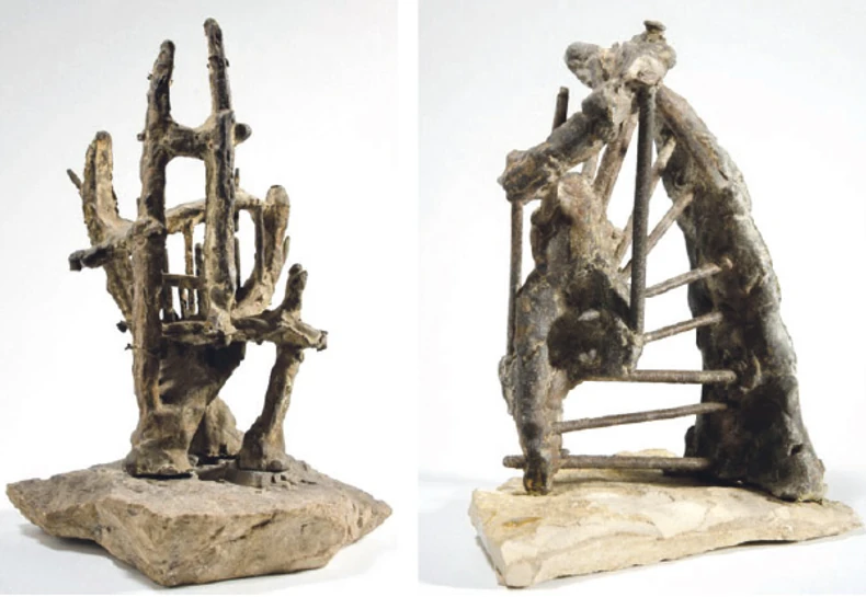 Rradovi: Predlog za spomenik I, Bubanj (bronza), iz 1959. i Zakrivljeni oblik I, Harfa (gvožđe), iz 1956.