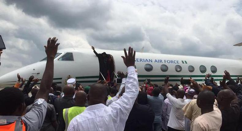 Goodluck Jonathan and wife, Patience arrive in Port Harcourt on May 29, 2015.