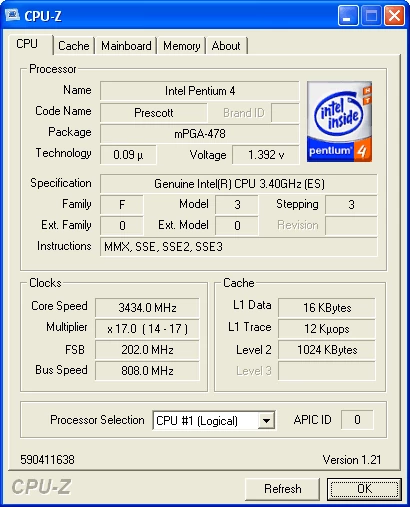 CPU-Z: Prescott 3,4 GHz