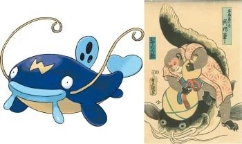 Pokemon Whiscash i jego pierwowzór Namazu kontrolowany przez Takemikazuchi (autor: Utagawa Kunisada, 1857)