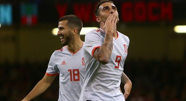 Spain's striker Paco Alcacer celebrates scoring the opening goal against Wales