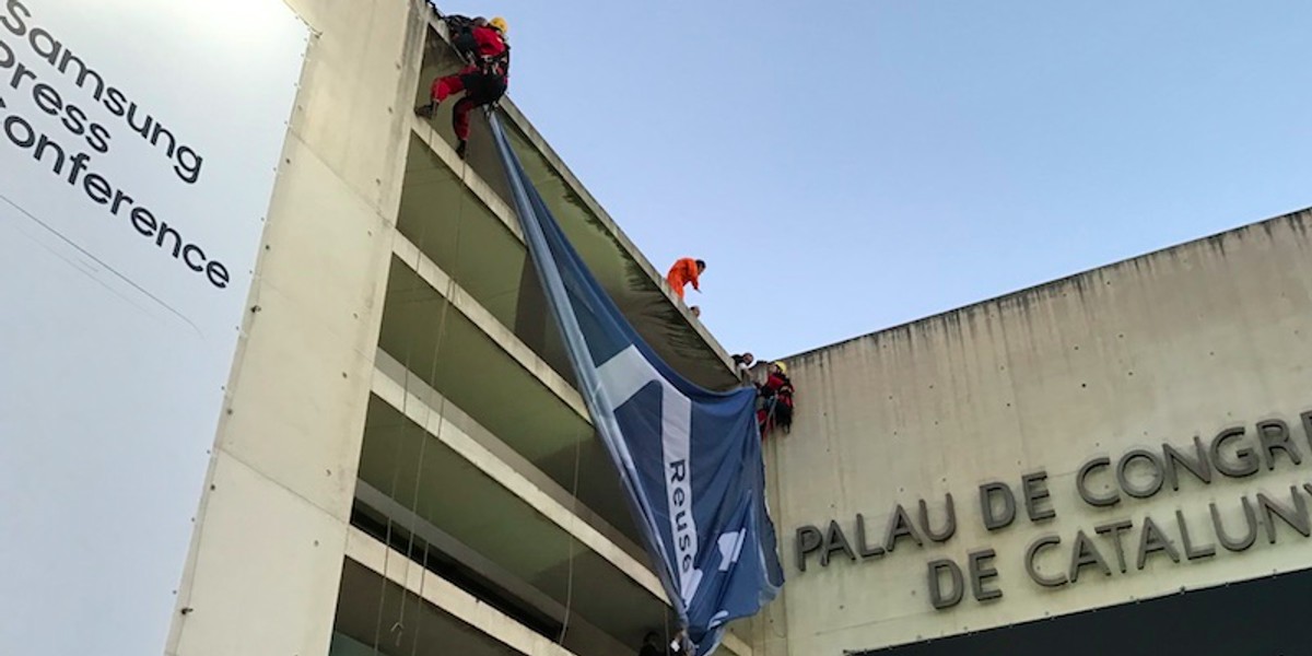 Protestors outside the Samsung press conference in Barcelona.