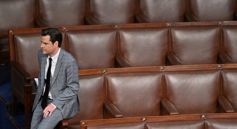 Republican Rep. Matt Gaetz of Florida sits alone on the House floor as lawmakers gather for a 14th round of voting to elect a new speaker on the fourth day of the 118th Congress at the US Capitol in Washington, DC.REUTERS/Jon Cherry