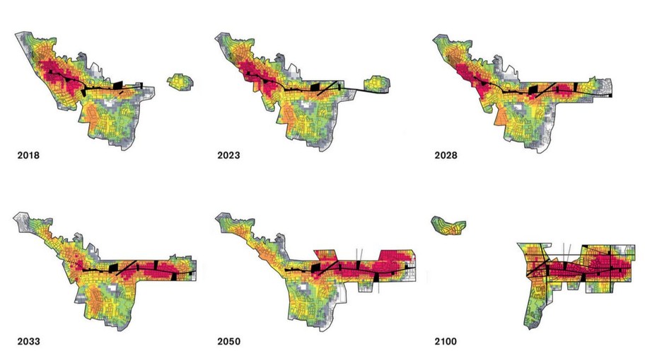 Dopiero teraz władze miasta ujawniły szczegółowy plan gigantycznej operacji, jaką jest przeniesienie całego miasta na bezpieczną odległość 3 kilometrów na wschód. Przeprowadzka samego centrum ma się zakończyć w 2033 roku. Architektem odpowiedzialnym za projekt nowego placu miejskiego jest Duńczyk Henning Larsen.  Na zdjęciu: plan poszczególnych etapów rozwoju nowej Kiruny źródło: White architects