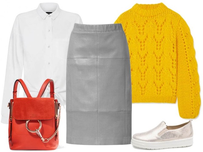 Wiosna w klimacie Mondriana. STYLIZACJA: koszula-BlackorWhite/blackorwhite.pl, spódnica-Boca/boca.pl, buty-Caprice/caprice.pl, sweter,plecak-TK Maxx