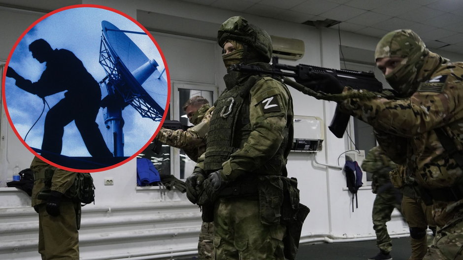Mężczyzna przy radarze oraz żołnierze rosyjskich służb specjalnych