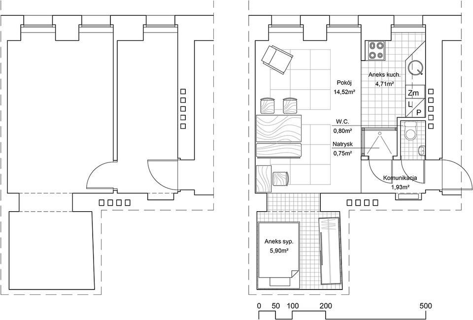 Plan mieszkania, z prawej wersja po remoncie