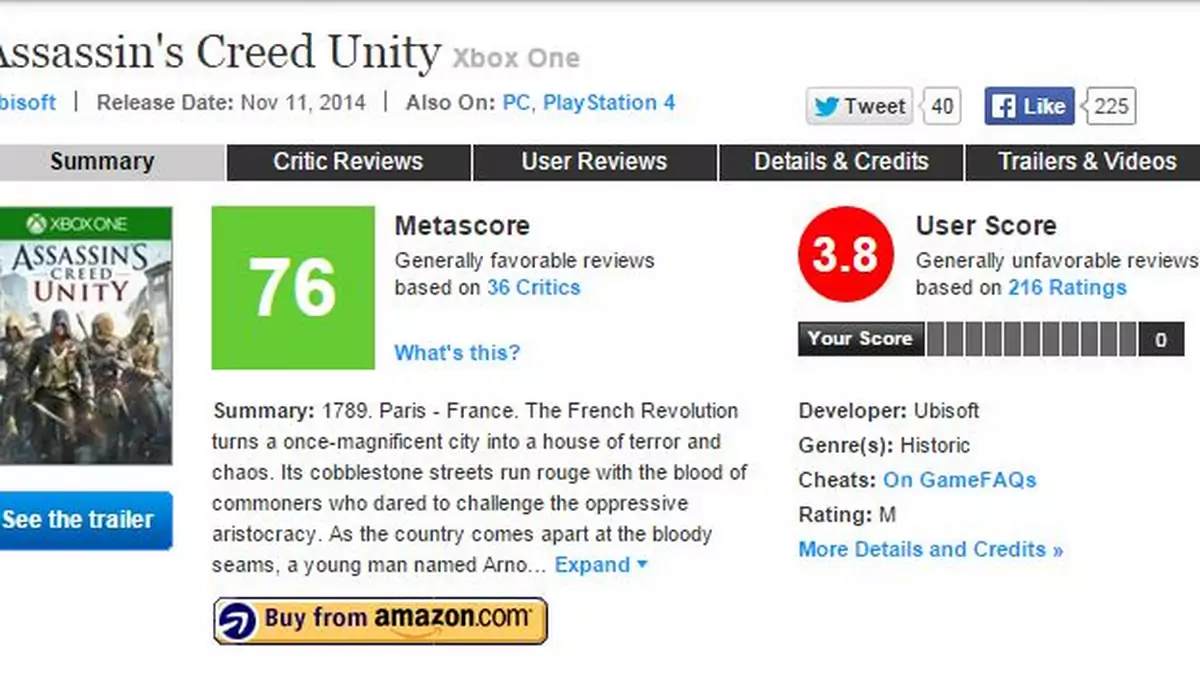 Assassin's Creed: Unity - wersja na Xboksa One w serwisie metacritic