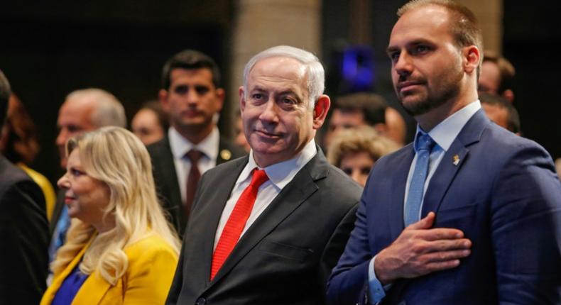 Israel's Prime Minister Benjamin Netanyahu (centre) with his wife Sara and Brazilian lawmaker Eduardo Bolsonaro at the opening of Brazil's trade office in Jerusalem on Sunday