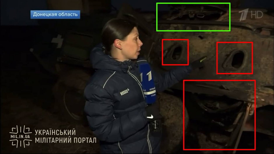 Korespondentka telewizji Channel One Russia ukazująca transporter BTR-70M. Źródło: mil.in.ua