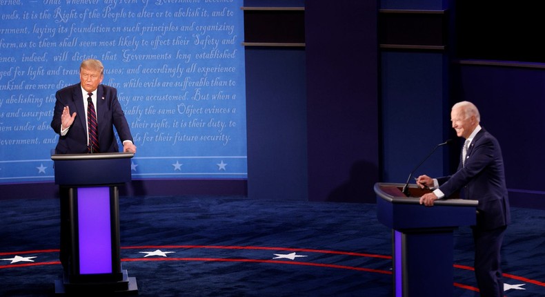 President Donald Trump and Democratic presidential nominee Joe Biden participate in their first 2020 presidential campaign debate held on the campus of the Cleveland Clinic at Case Western Reserve University in Cleveland, Ohio, September 29, 2020.